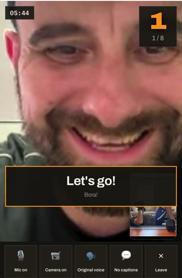 The session room on a phone: the coach greets you - Let’s go! - and the first set’s count is ready.